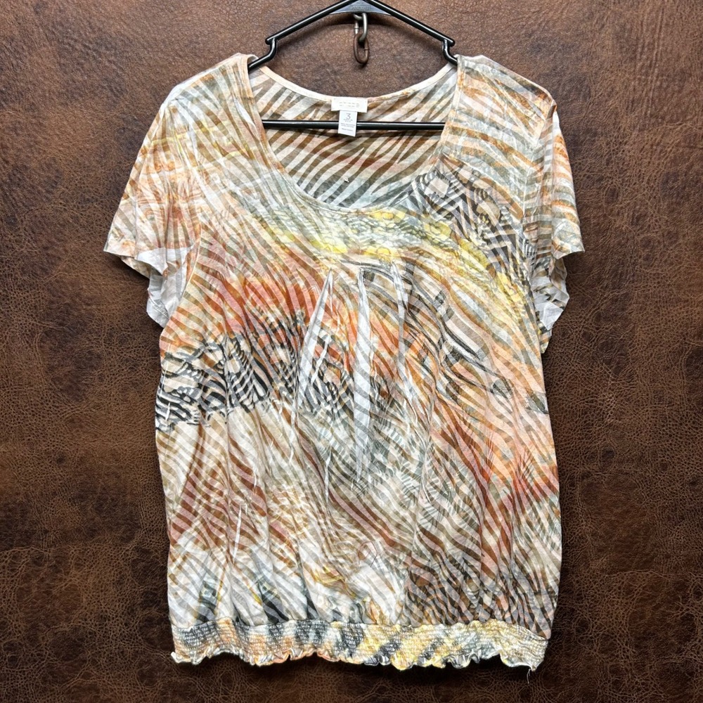 Chico's 3 XL Animal Print Short Sleeve Gathered Hem Round Collar Semi-Sheer